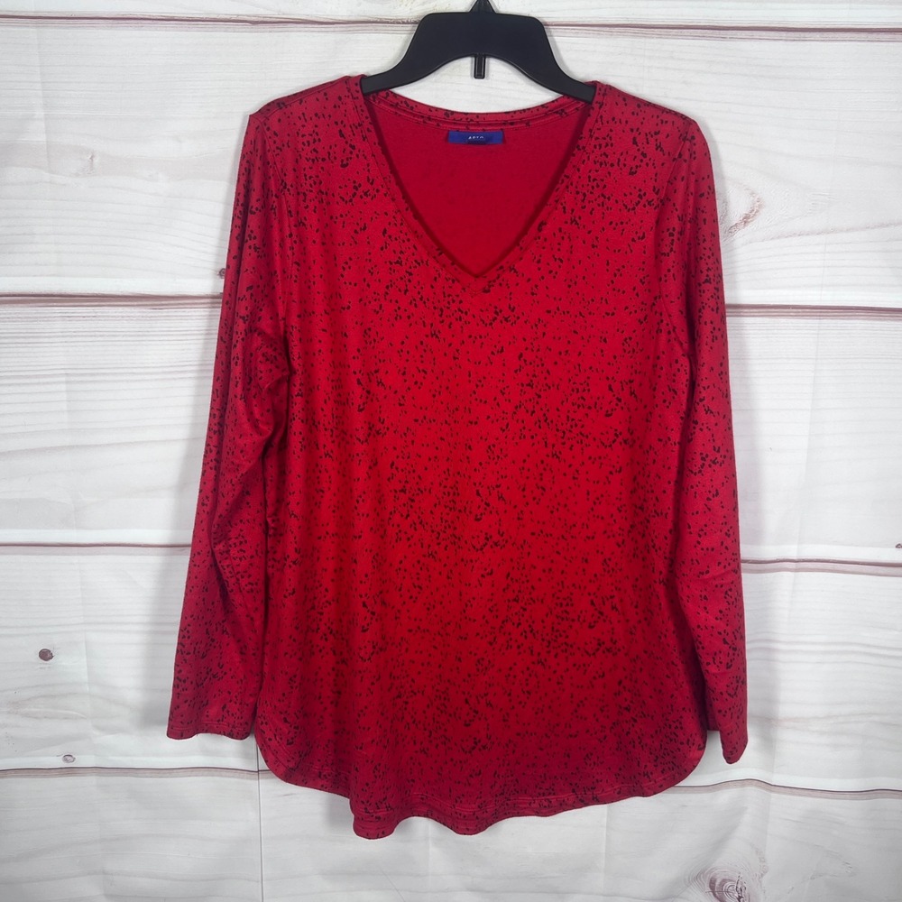 Apt.9 Top Womens Large Red Speckled V-Neck Long Sleeve Casual Pullover T-Shirt